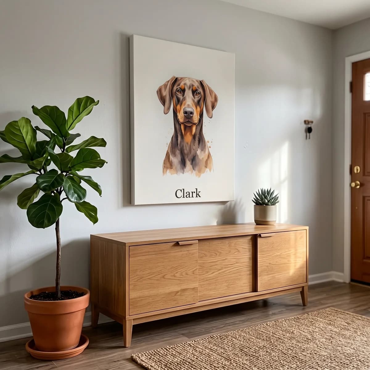 Doberman Clark memorial canvas hanging above wooden console table in living room
