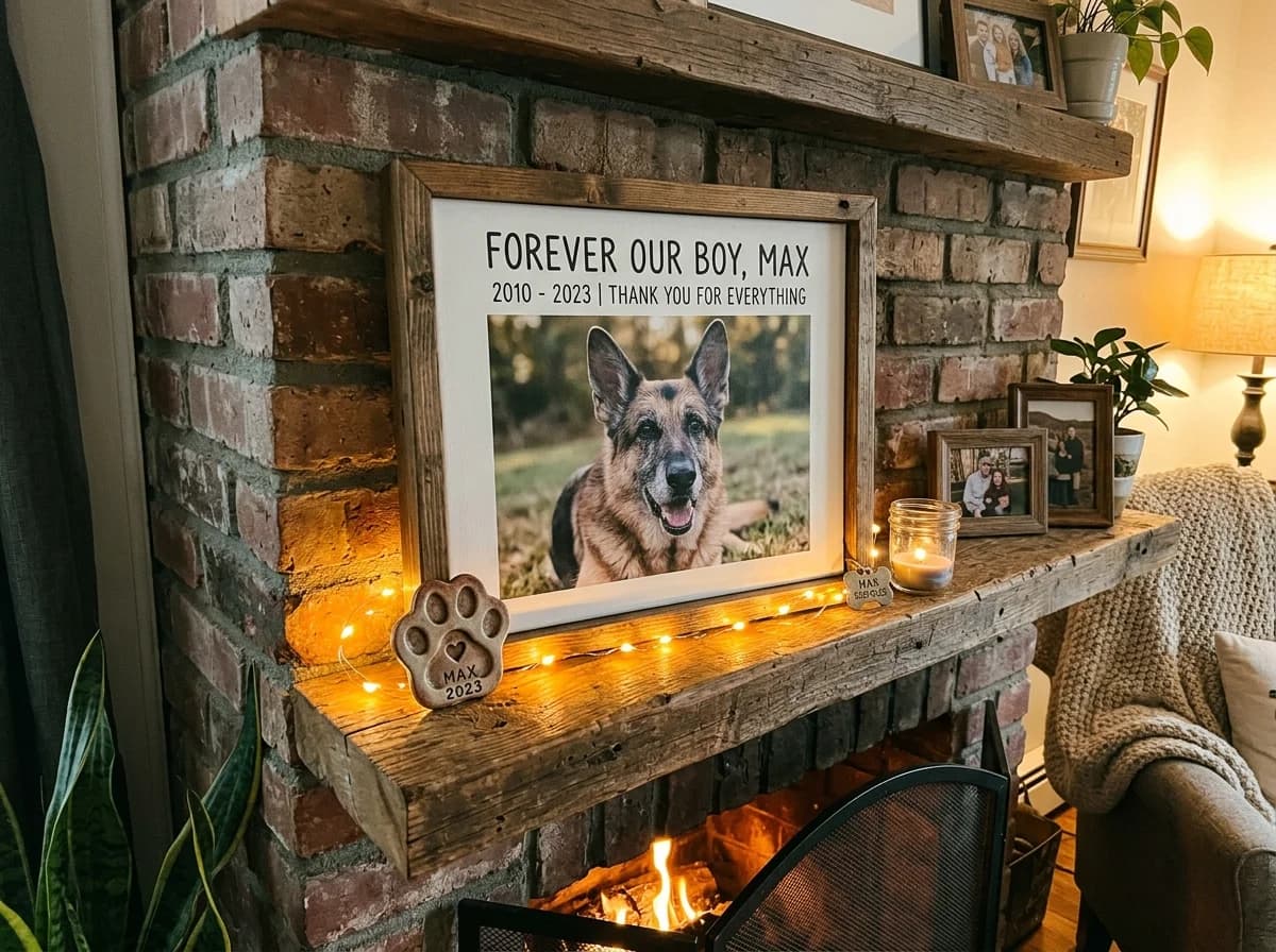 German Shepherd Max memorial canvas on brick fireplace mantel with paw print keepsake